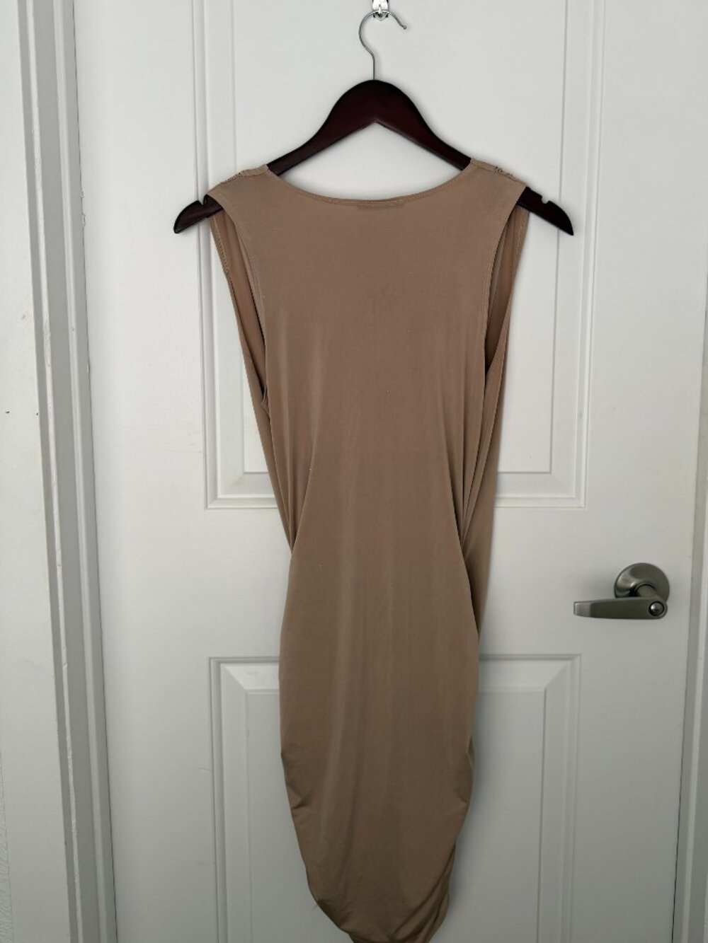 Beige Low-Cut Wrapped Ruched Dress - Picture 5 of 5